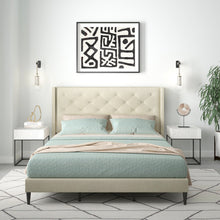 Huppe Upholstered Platform Bed Frame / Button Tufted MCM Wingback / Mattress Foundation / No Box Spring Needed / Easy Assembly