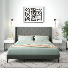 Huppe Upholstered Platform Bed Frame / Button Tufted MCM Wingback / Mattress Foundation / No Box Spring Needed / Easy Assembly