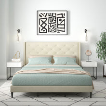 Huppe Upholstered Platform Bed Frame / Button Tufted MCM Wingback / Mattress Foundation / No Box Spring Needed / Easy Assembly