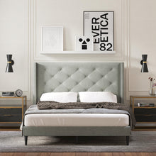 Huppe Upholstered Platform Bed Frame / Button Tufted MCM Wingback / Mattress Foundation / No Box Spring Needed / Easy Assembly