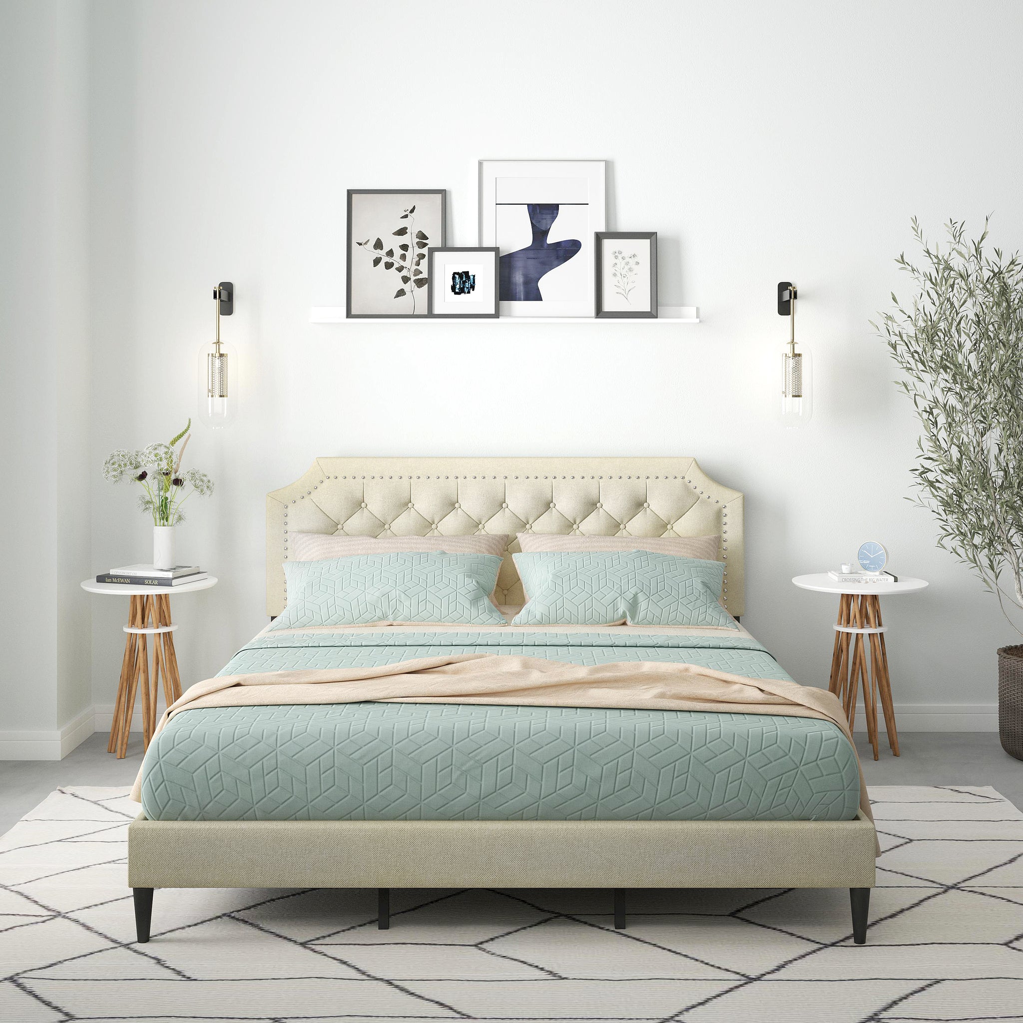 Curta Upholstered Platform Bed Clipped Nailhead Trim with Button Tuf Glenwillow Home